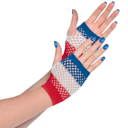 Red, White And Blue Fishnet Fingerless Gloves