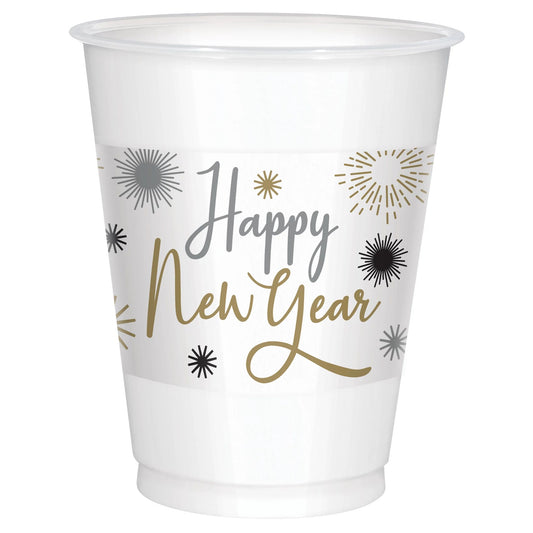 Happy New Year Printed Plastic Cups - Black, Silver, Gold (25)