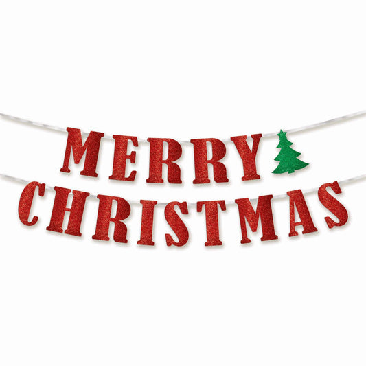 Merry Christmas Ribbon Banner w/Glitter Letters