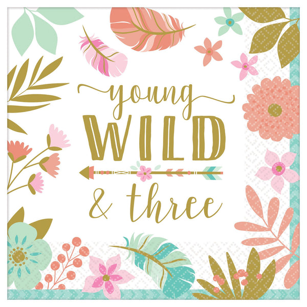 Boho Birthday Girl "Young Wild and Three" Lunch Napkins (16)