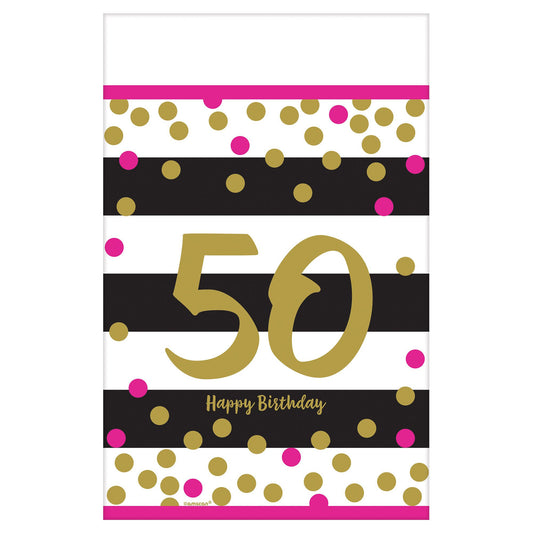 Pink and Gold Milestone 50 Plastic Table Cover