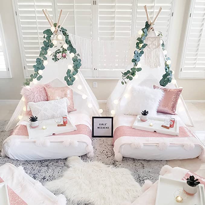 indoor tent for sleepover 5ft White Teepee Tent- Sleepover Bundle (Rental Package) – Smart Soirée