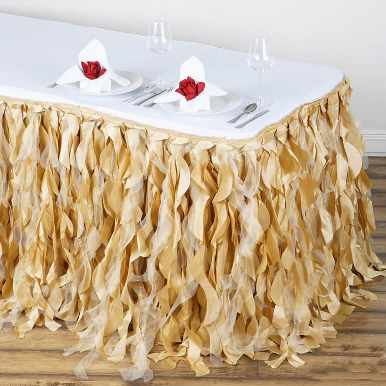 17' Champagne Curly Willow Taffeta Table Skirt -  (Rental)